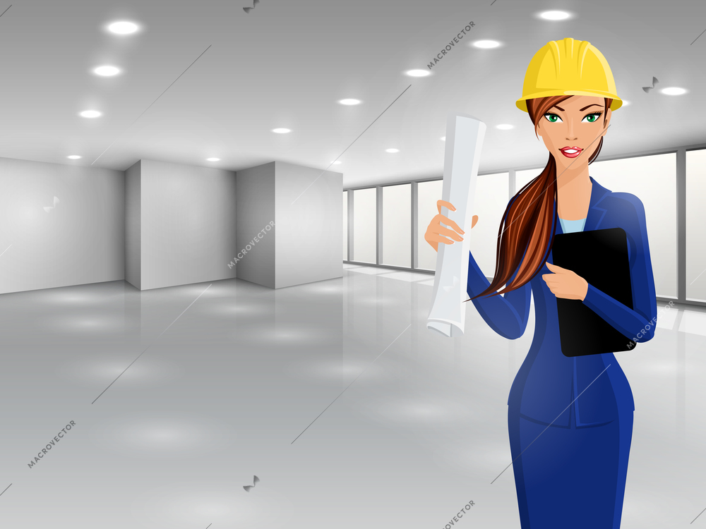 Beautiful woman business lady engineer in helmet with documents on business office background vector illustration