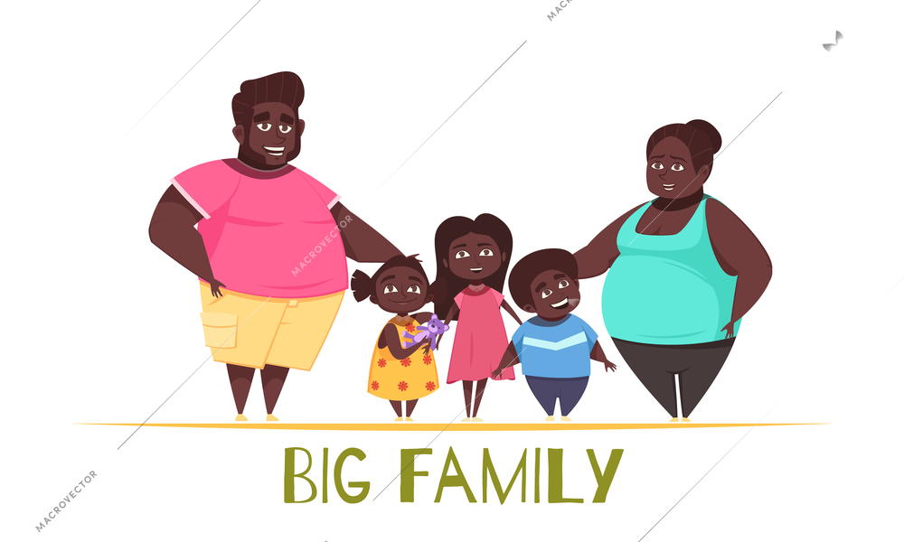 Portrait of big family with dark skin, parents with kids two girls and boy vector illustration