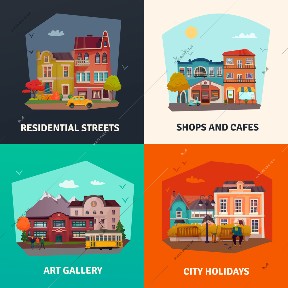 City buildings concept icons set with environment symbols flat isolated vector illustration