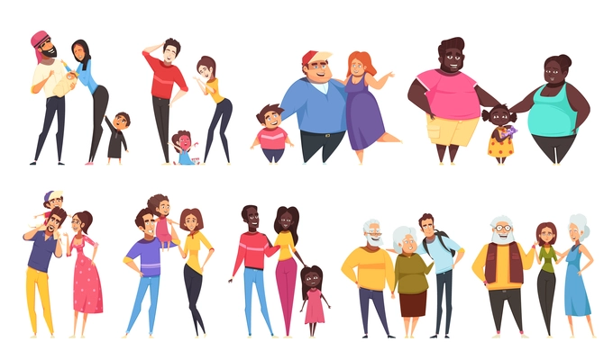 Set of heterosexual families with children of different ethnicity including elderly couples isolated vector illustration