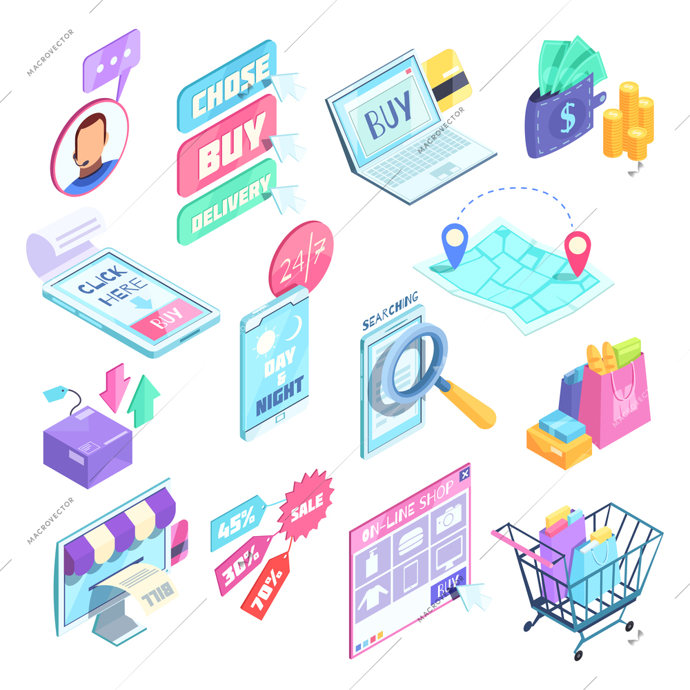 Internet shopping set of isometric icons with search and choice of products, buying online, isolated vector illustration