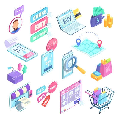 Internet shopping set of isometric icons with search and choice of products, buying online, isolated vector illustration