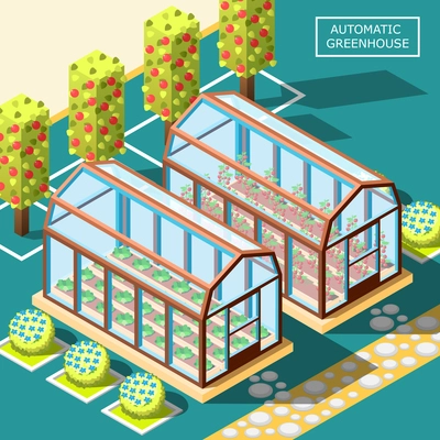 Agricultural robots isometric poster with two glass automatic greenhouses for growing organic vegetables and fruits vector illustration