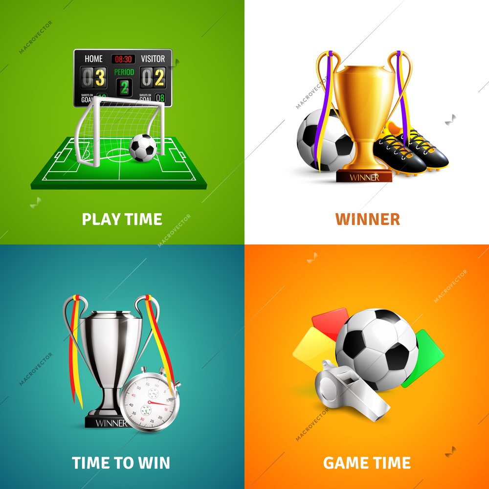 Soccer icons concept with game time, play equipment, winner trophies isolated on bright background vector illustration