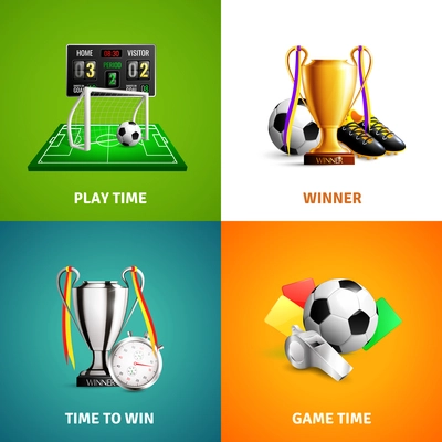 Soccer icons concept with game time, play equipment, winner trophies isolated on bright background vector illustration