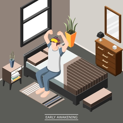 Early morning awakening isometric background with stretching man sitting on his bed after getting up vector illustration