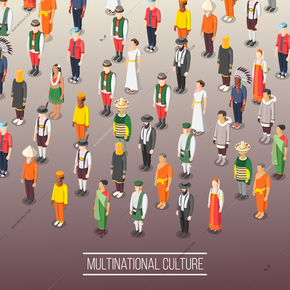 Multinational world culture background with people figurines dressed in national costumes isometric vector illustration