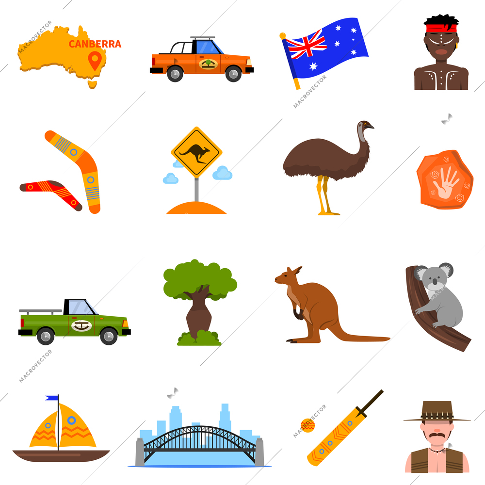 Australia traveling icons set with flag and map flat isolated vector illustration