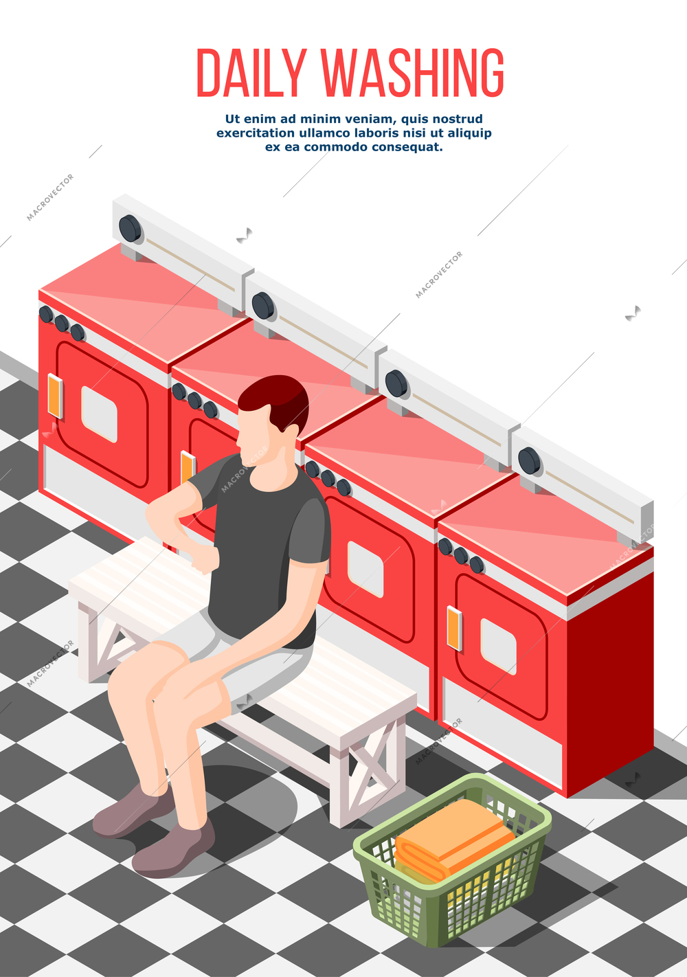 Daily routine isometric composition with male character in laundry room waiting for end of laundry process in washing machine vector illustration