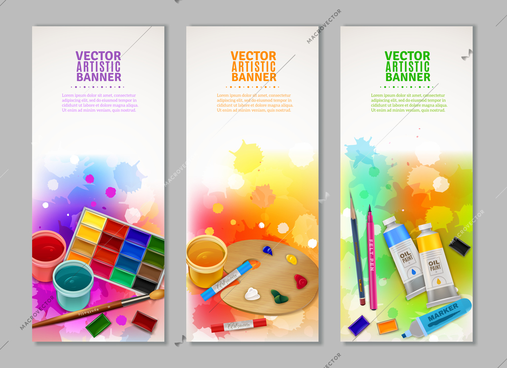 Bright colorful collection of vertical artistic banners with watercolor gouache and pastel paints brush marker and pencil vector illustration