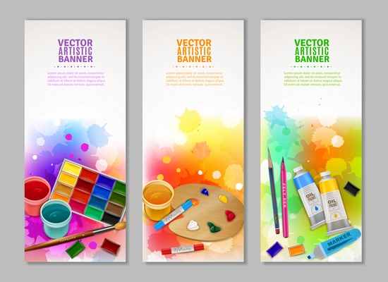 Bright colorful collection of vertical artistic banners with watercolor gouache and pastel paints brush marker and pencil vector illustration