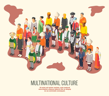 Multinational culture isometric composition with people of different races and nationalities in folk costumes vector illustration