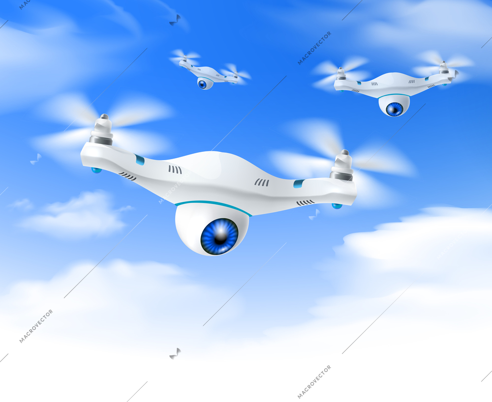 White modern surveillance drones set in flight against bright blue sky background poster realistic vector illustration