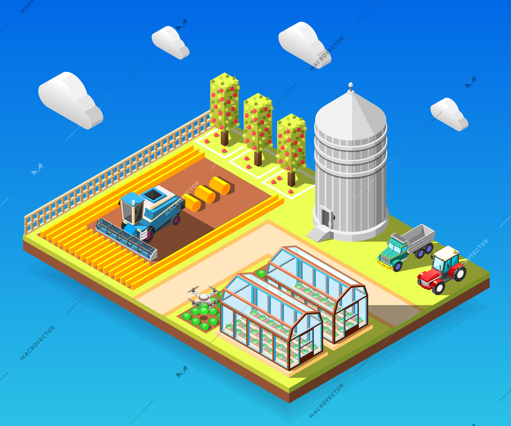 Agricultural isometric design concept with combine harvester working on field greenhouses storage grain elements vector illustration