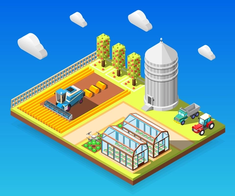 Agricultural isometric design concept with combine harvester working on field greenhouses storage grain elements vector illustration