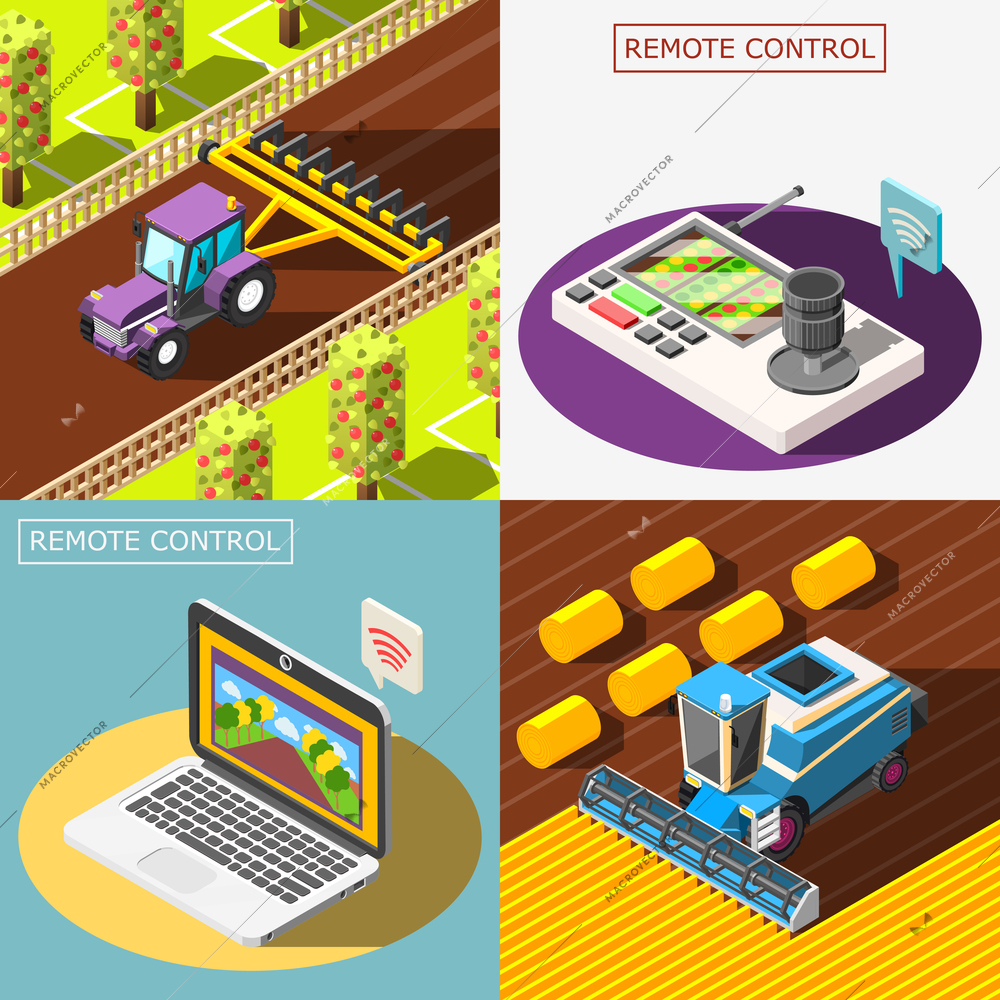 Agricultural robots 2x2 design concept with remote control of plowing and harvesting combines isometric vector illustration