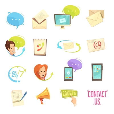 Contact us retro cartoon icons set with call center email feedback computer mobile devices isolated vector illustration