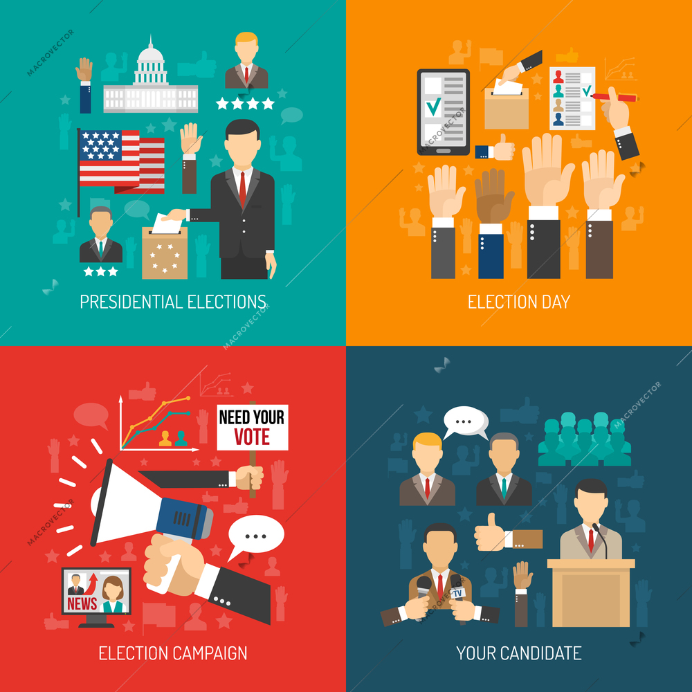 Color flat concept about steps of american presidential elections isolated vector illustration