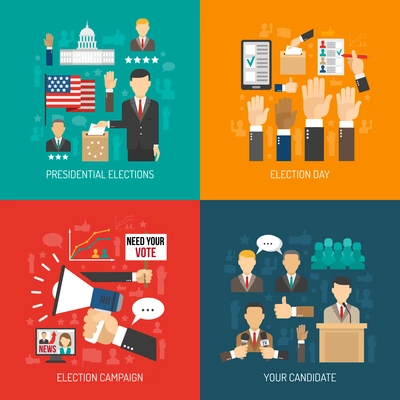 Color flat concept about steps of american presidential elections isolated vector illustration