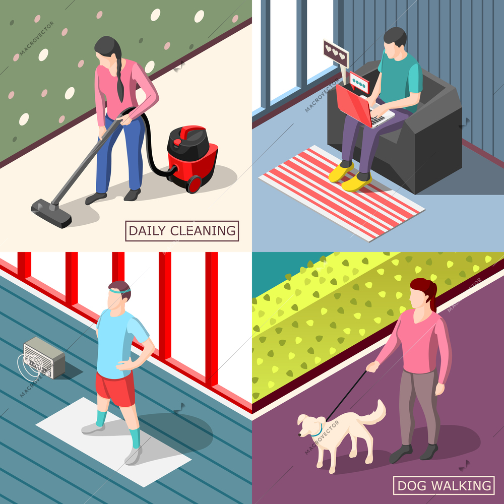 Daily routine 2x2 isometric design concept set of ordinary people walking with dog cleaning doing morning exercises vector illustration