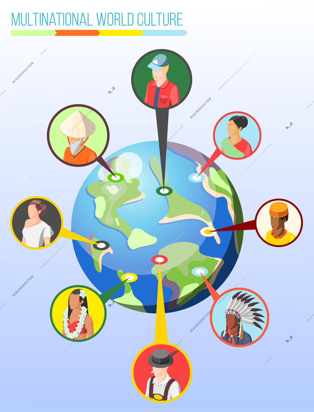 Multinational world culture isometric design concept with round icons of people in different national costumes connected to  native countries on globe image vector illustration