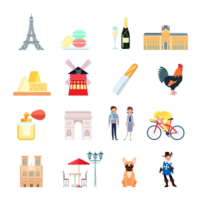 France icons set with travel and tourism symbols flat isolated vector illustration