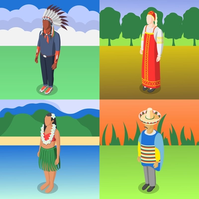 Multinational world culture 2x2 design concept of four square compositions with people in national costumes on native nature background isometric vector illustration