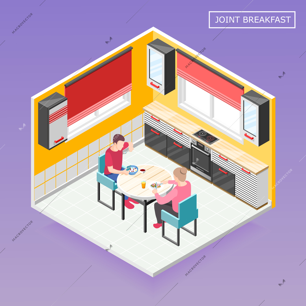Daily routine isometric composition with male and female characters having joint breakfast in kitchen interior vector illustration