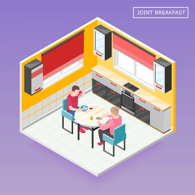 Daily routine isometric composition with male and female characters having joint breakfast in kitchen interior vector illustration