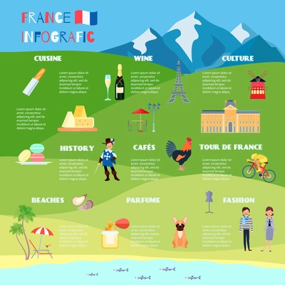 France infographic set with cuisine wine and resort symbols flat vector illustration