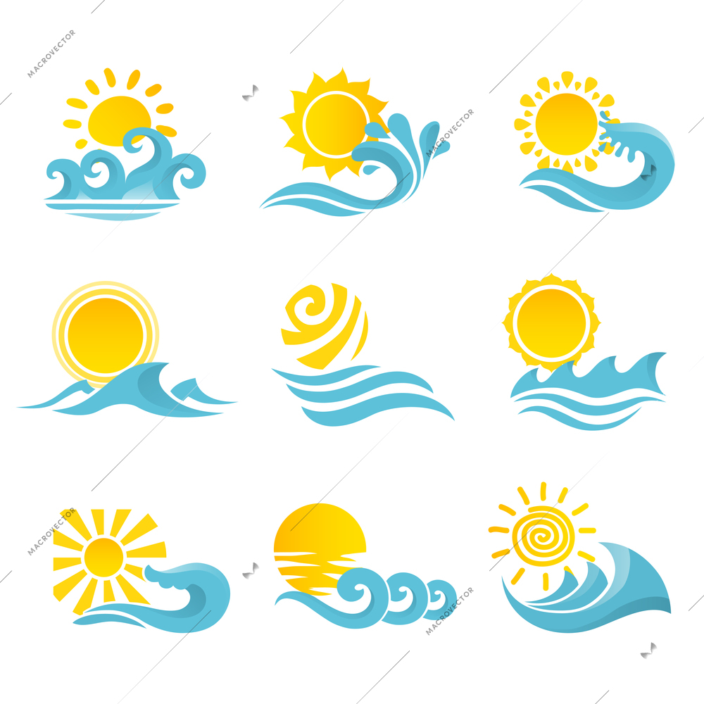 Waves flowing water sea ocean icons set with sun isolated vector illustration