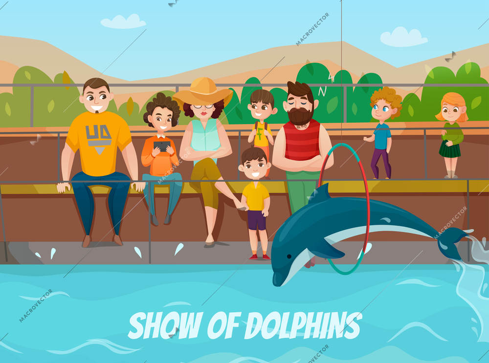 Dolphinarium and family visit with show of dolphins symbols flat vector illustration