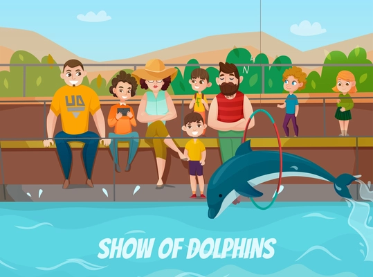 Dolphinarium and family visit with show of dolphins symbols flat vector illustration