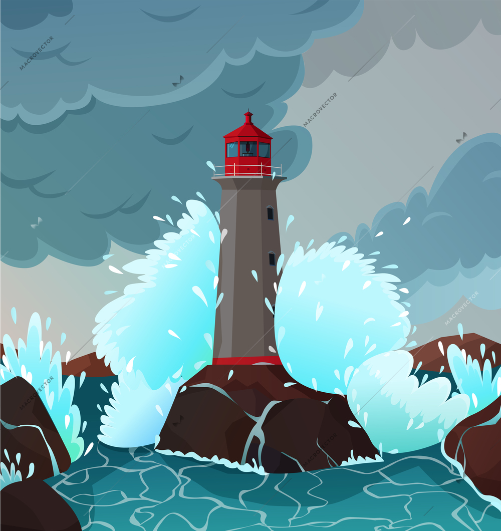 Stormy seaside landscape with waves and lighthouse symbols flat vector illustration