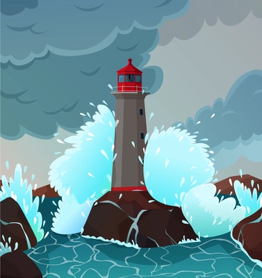 Stormy seaside landscape with waves and lighthouse symbols flat vector illustration