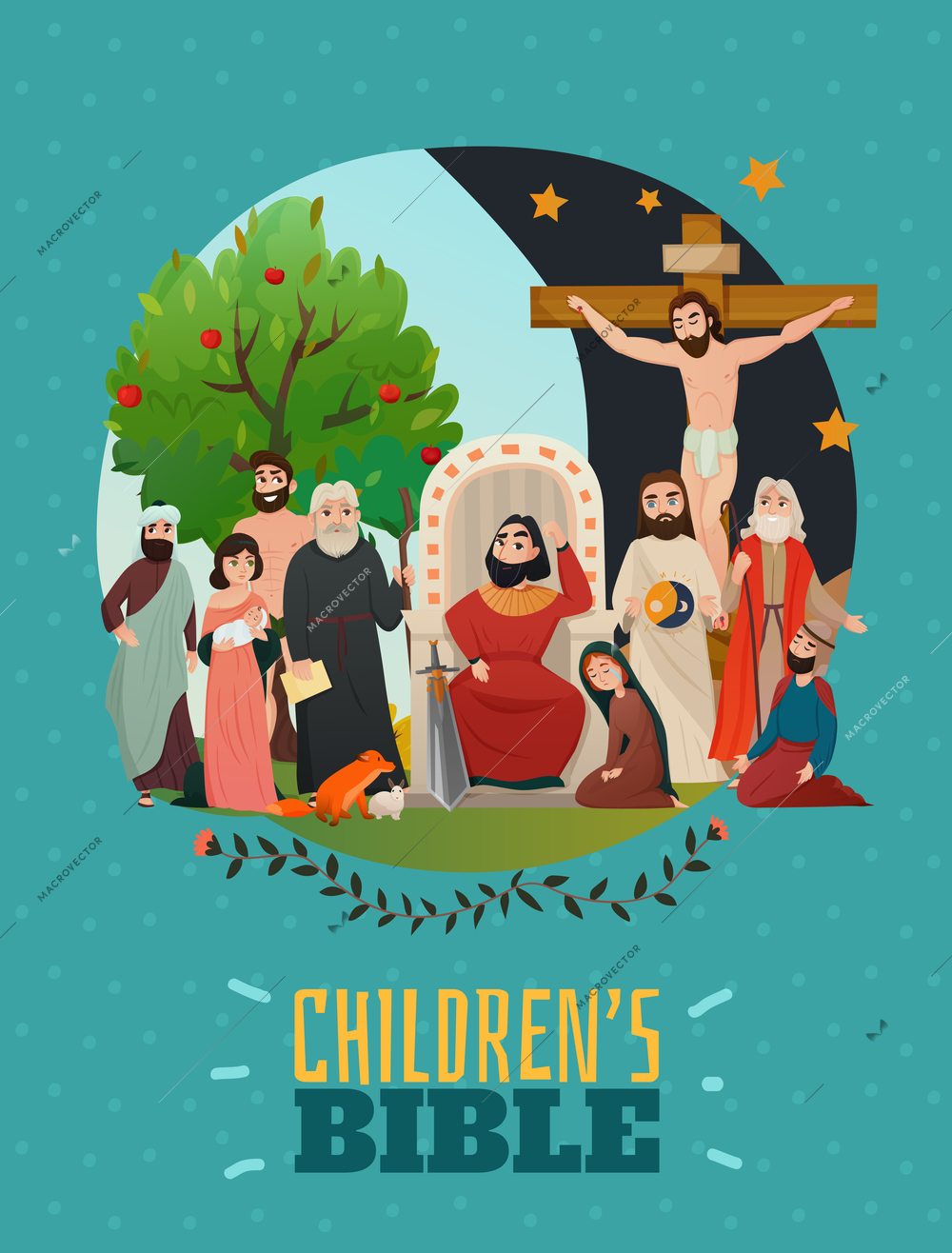 Bible story poster with children bible symbols flat vector illustration