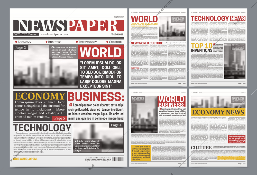 Newspaper pages template design with world breaking news economy technology and business headlines realistic vector illustration