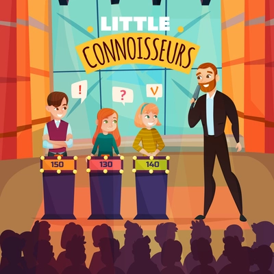 Kids quiz TV show with little connoiseurs symbols flat vector illustration