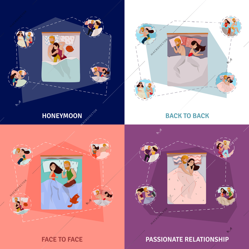 Couple sleeping poses concept icons set with honeymoon symbols flat isolated vector illustration