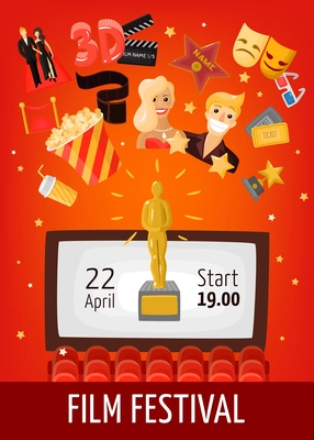 Film festival poster with start date information screen in auditorium and cinema decorative icons flat vector illustration