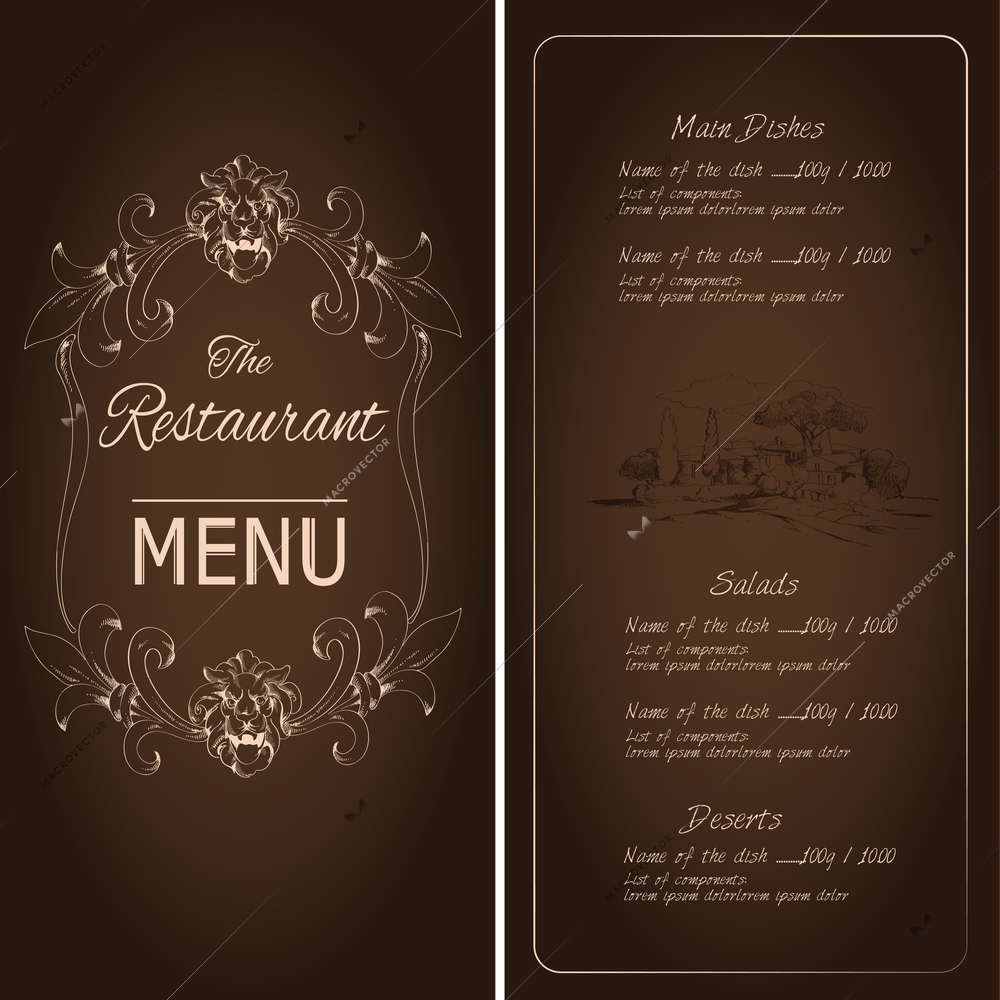 Retro vintage restaurant menu dark background template with lion and village decoration vector illustration.