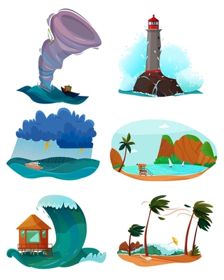 Seaside landscapes set with wind and sand flat isolated vector illustration