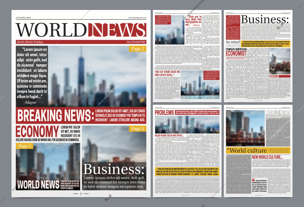 Newspaper design poster with world breaking recent news economy culture and business headlines realistic vector illustration