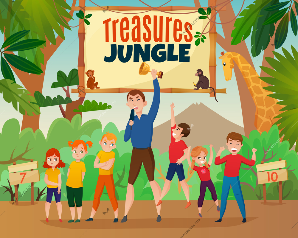 Kids activity TV show with treasures and jungle symbols flat vector illustration