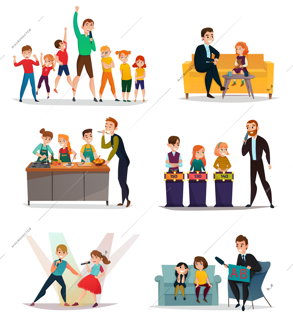 Kids TV show set with sport art and quiz symbols flat isolated vector illustration