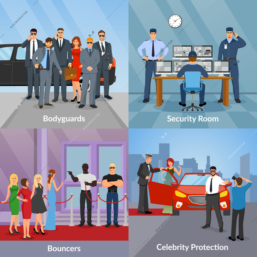 Bodyguard concept icons set with security room symbols flat isolated vector illustration