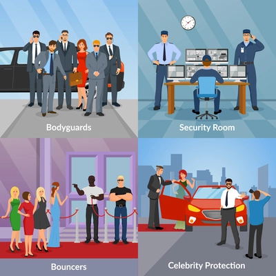 Bodyguard concept icons set with security room symbols flat isolated vector illustration