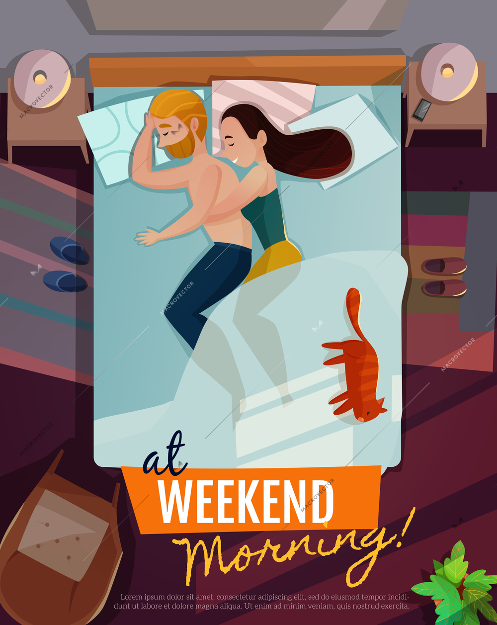 Weekend morning poster with couple sleeping pose symbols flat vector illustration