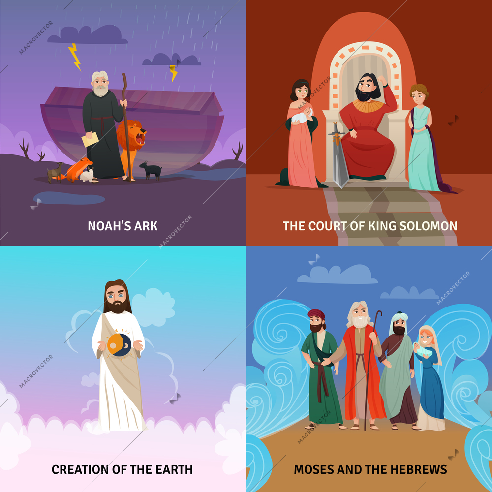 Bible story concept icons set with creation of the Earth symbols flat isolated vector illustration