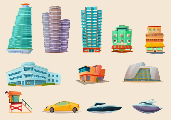 Maiami landmarks and transportation elements retro cartoon icons set with tower buildings car boats isolated vector illustration